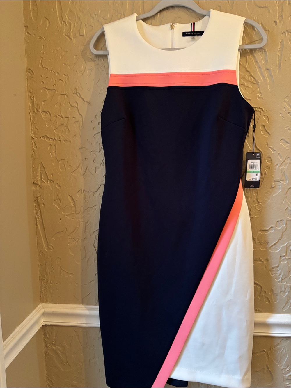 Tommy Hilfiger Navy, White and Coral Asymmetrical Sheath Dress